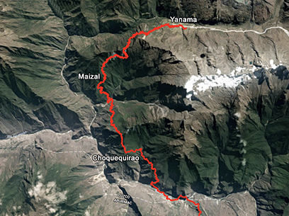 Choquequirao nach Machu Picchu Trek Satellitenkarte