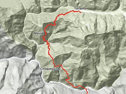 Choquequirao nach Machu Picchu Trek Geländekarte